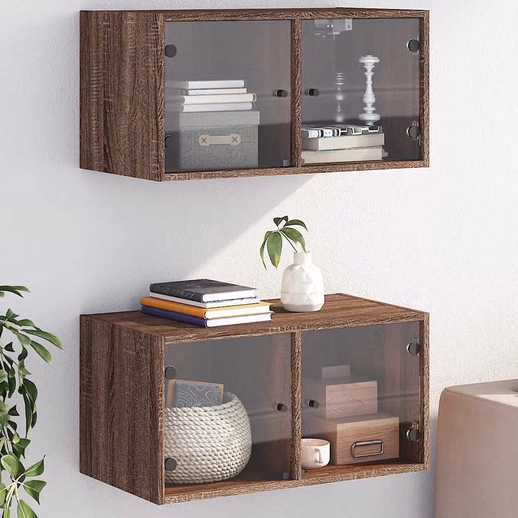 Set di 2 Mobili a Muro vidaXL con Ante in Vetro, Rovere Marrone, L 68,5 cm x P 37 cm x H 35 cm