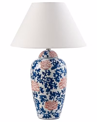 Beliani Elegante lampada da tavolo con base in porcellana Patten floreale Paralume a campana in lino Illuminazione bianco e blu