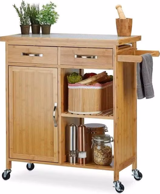 Carrello da Cucina in Bambù con Piastra in Marmo e Porte - Servizio da Cucina in Legno - Dimensioni 855 x 895 x 36 cm - Naturale