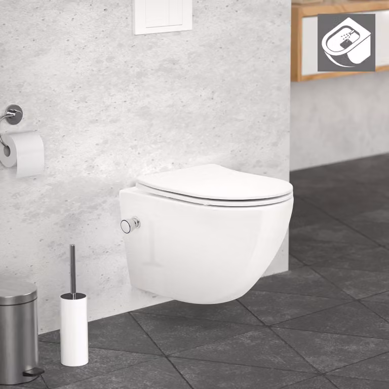 LuxeBath WC sospeso senza brida corto 49 cm, bianco, in Vetroceramica con funzione bidet, WC con chiusura soft-close sedile WC estraibile Duroplast