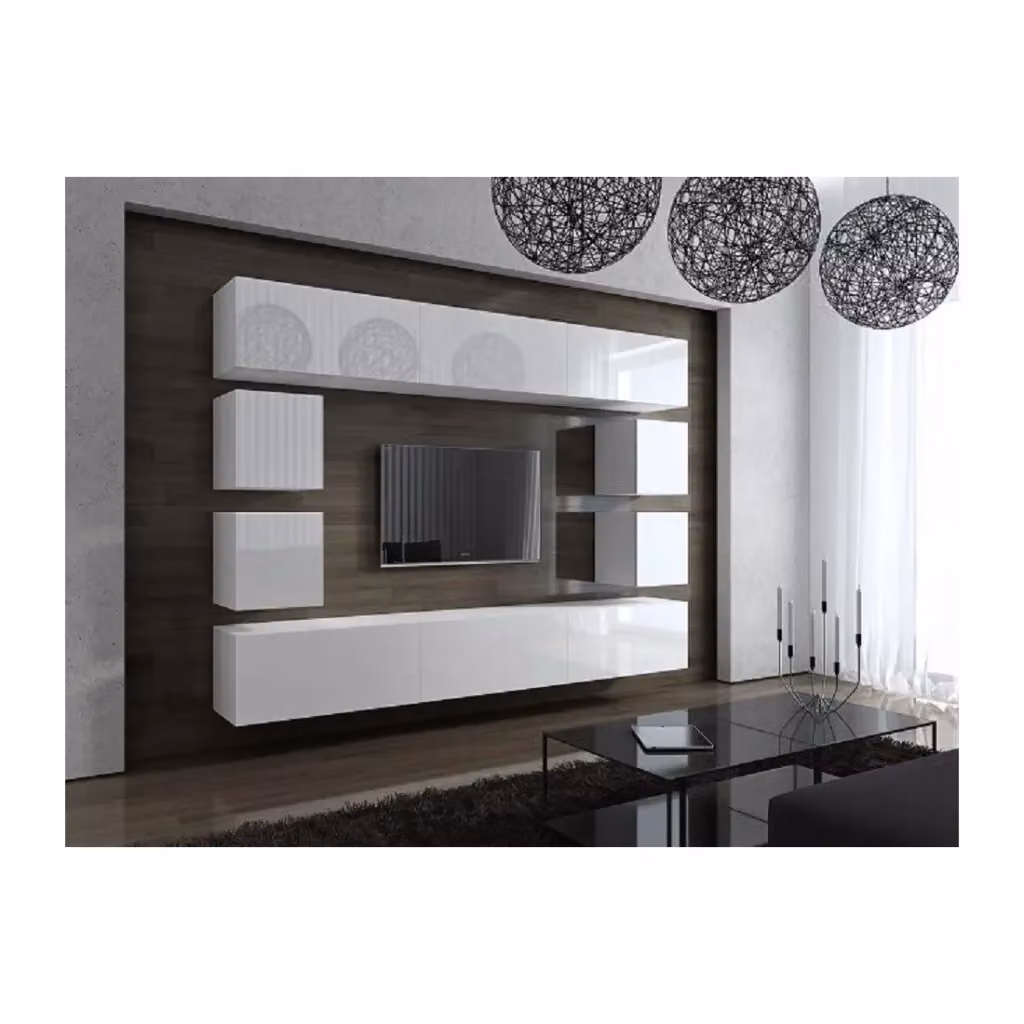 Set di mobili da soggiorno sospesi Meublorama collezione CEPTO XVII bianco lucido con illuminazione LED integrata, 10 pezzi, L: 249 cm – 2
