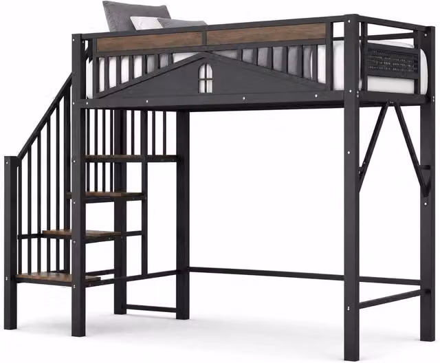 Letto a soppalco 90x200 cm in metallo con scala contenitore e barriera di sicurezza; nero