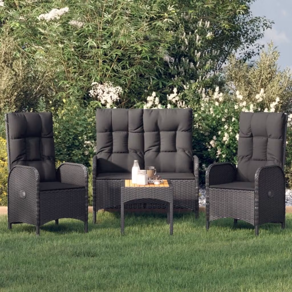 The Living Store Set da pranzo da giardino 4 pezzi con cuscini in poly rattan nero