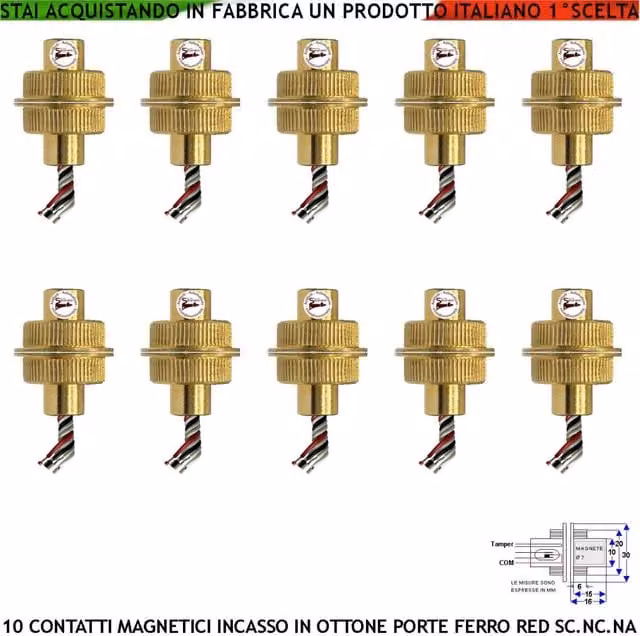 Set di 10 sensori di contatto magnetico Securvera in ottone color oro, modello a cilindro da incasso con sensore Reed per rilevamento posizione cancello, protezione IP65, 5 fili