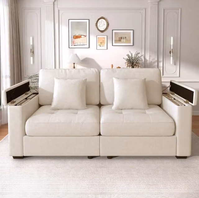 Divano 2 posti 180 cm con contenitore nei braccioli; in tessuto Chenille beige