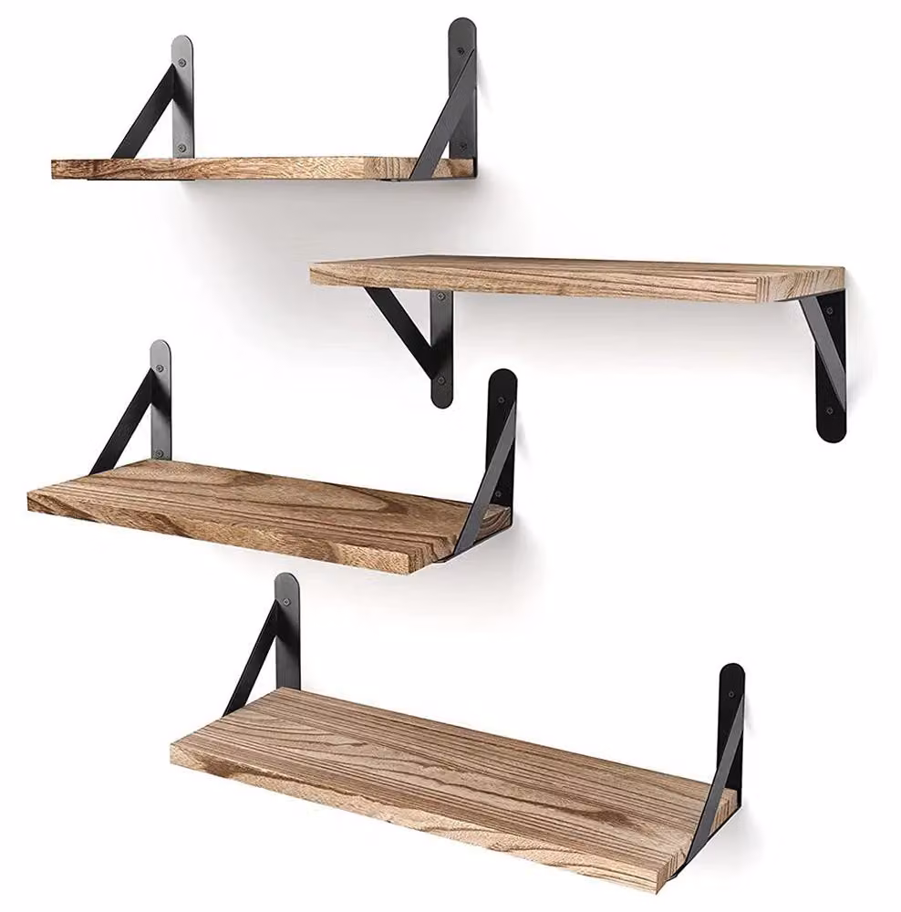 Mensole a muro sospese - Set di 4 mensole in legno - 3 dimensioni: 29/36/42 cm - Montaggio a parete - Supporti triangolari in metallo - Stile moderno