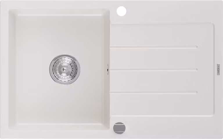 Mexen Bruno lavello in granito a 1 vasca con scolapiatti 795 x 495 mm, bianco, sifone cromato - 6513791010-20