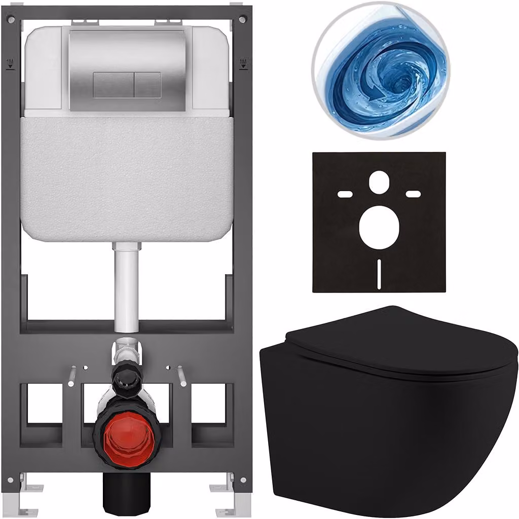 CERANO - Set WC da incasso Cesso - nero opaco - pulsante Prime/Modulo, argento - a pavimento - installazione a parete/cartongesso - 49x36 cm