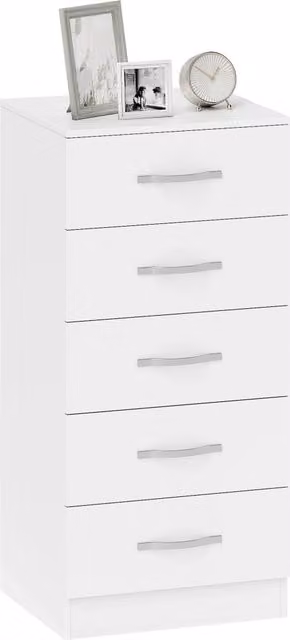Cassettiera XYLO con 5 cassetti in MDF laccato bianco e argento per camera da letto, soggiorno o corridoio