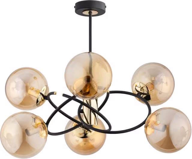 Lampada a sospensione Alfa Orbita in vetro ambra e metallo nero e oro, Ø68 cm, 6xE14