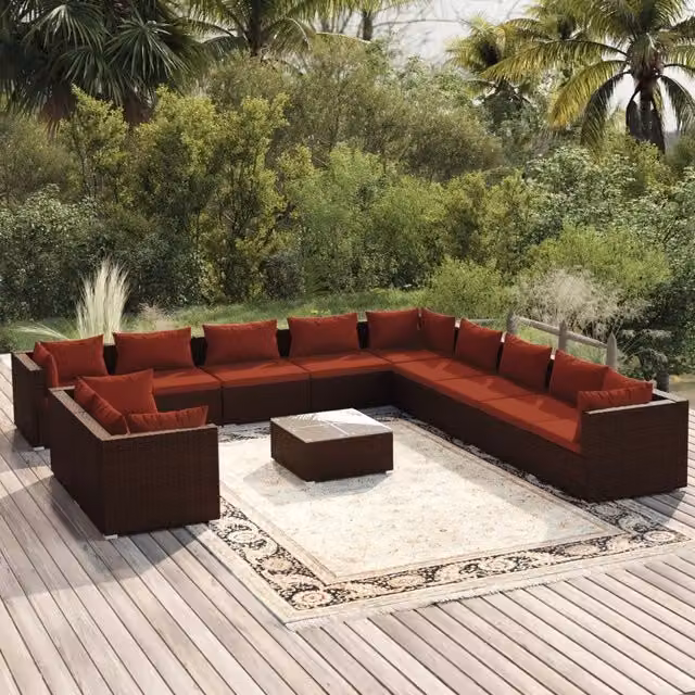 Set di Divani da Giardino a L con Cuscini vidaXL, Polyrattan Marrone e Rosso con Tavolino da Caffè e Struttura in Acciaio – 1