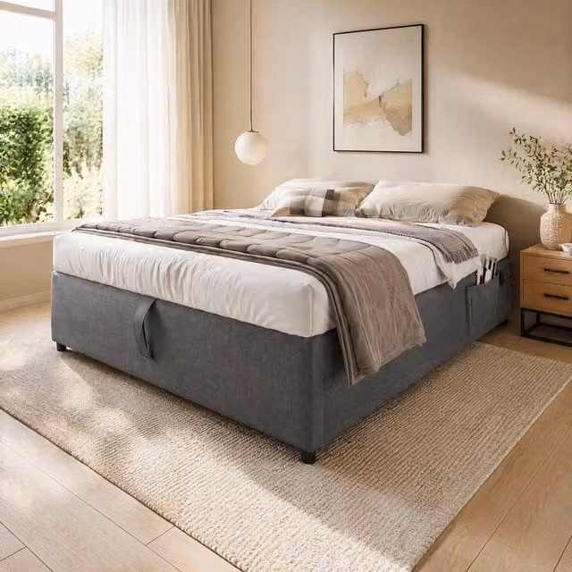 Letto matrimoniale contenitore 140x200 cm con USB e USB-C; rivestimento in cotone e lino; grigio