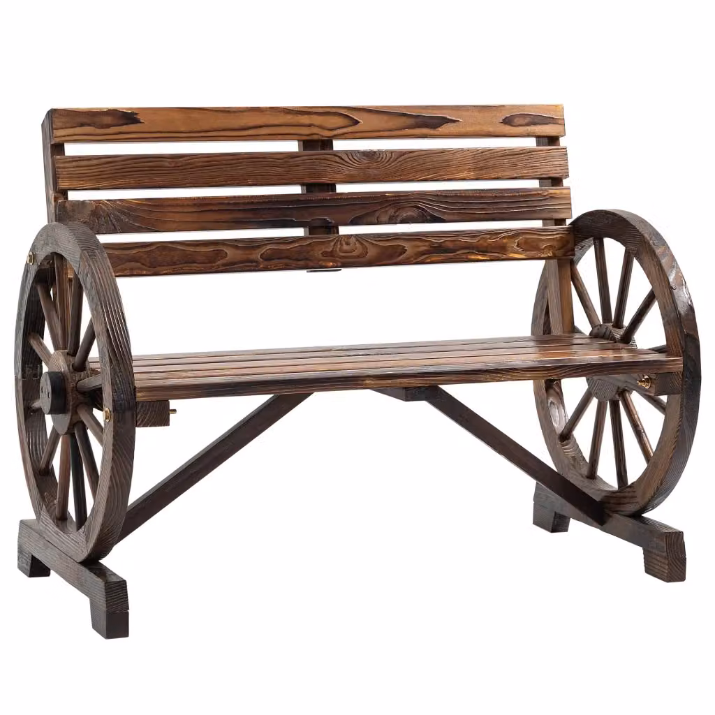 Panchina da giardino Xylo a 2 posti con design ruota di carro in legno di abete marrone scuro L: 105,5 cm, P: 56 cm, H: 79 cm – 2