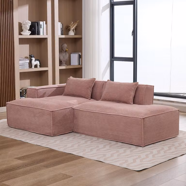 Divano componibile LVHOM in tessuto corduroy, 233 cm, divano lounge a terra a 2 posti con chaise longue, divano di facile manutenzione per il soggiorno, da montare, rosa
