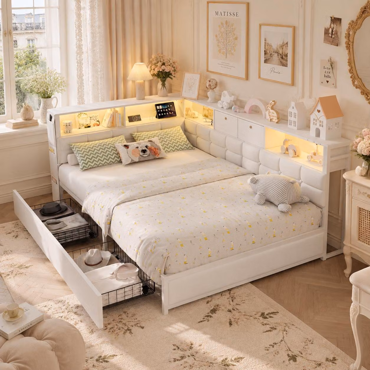 Letto imbottito INONEFT, divano letto 140x200 cm con LED e USB, letto per ragazzi con 2 cassetti, testiera a forma di L con spazio contenitore, rete a doghe in metallo, colore bianco