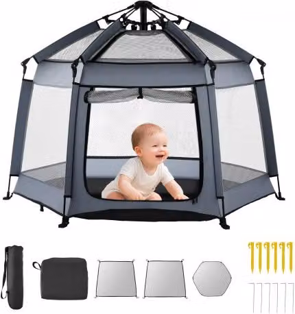 VEVOR Box per Bambini Neonati Pieghevole e Portatile con Tettuccio Parasole UPF 50+, Area Giochi Grigia per Interni ed Esterni, L/P: 150 x 150 cm