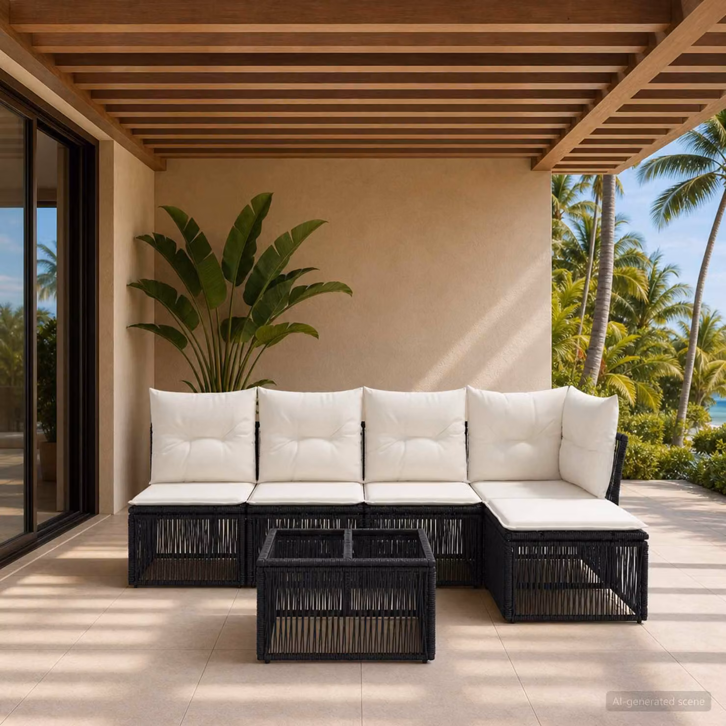 Set Divano da Giardino vidaXL 6 pz Nero con Cuscini e Tavolino, Design Moderno a L in Polyrattan e Acciaio