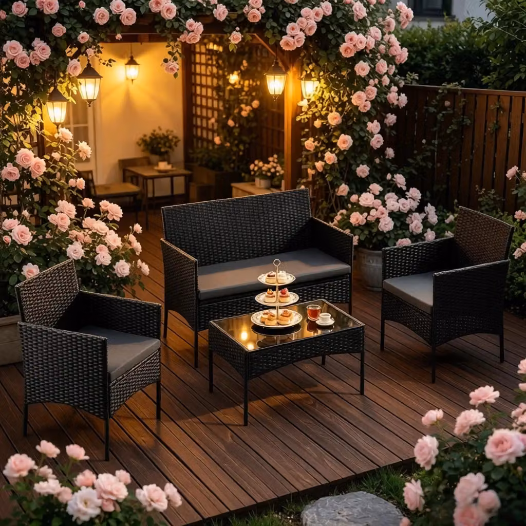 Set da giardino REDOM in polyrattan nero con divano a 2 posti, poltrone lounge, tavolino in vetro e cuscini imbottiti – 2