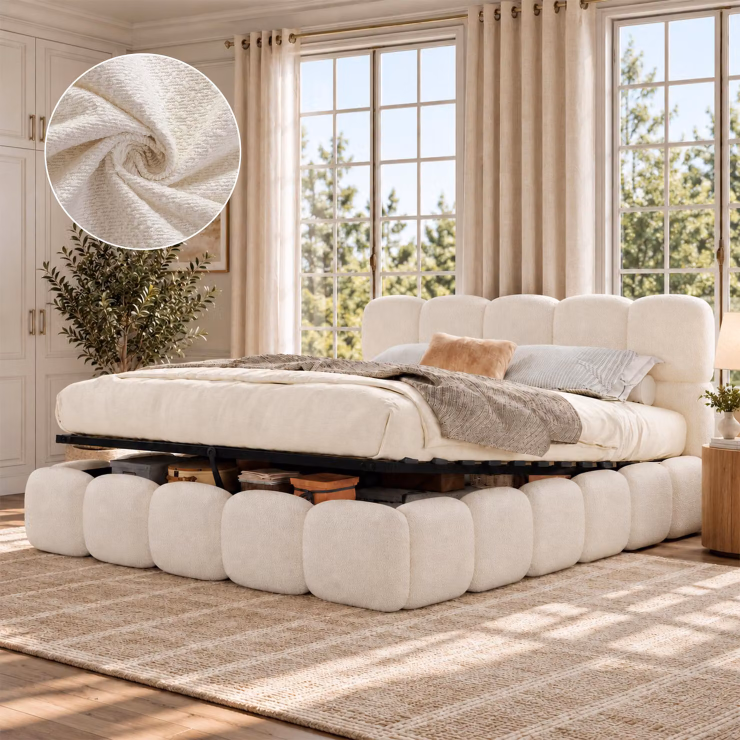 Letto imbottito 200 x 200 cm con rivestimento in tessuto bouclé e contenitore a sollevamento idraulico, letto matrimoniale con bordi imbottiti arrotondati e rete a doghe; letto contenitore bianco