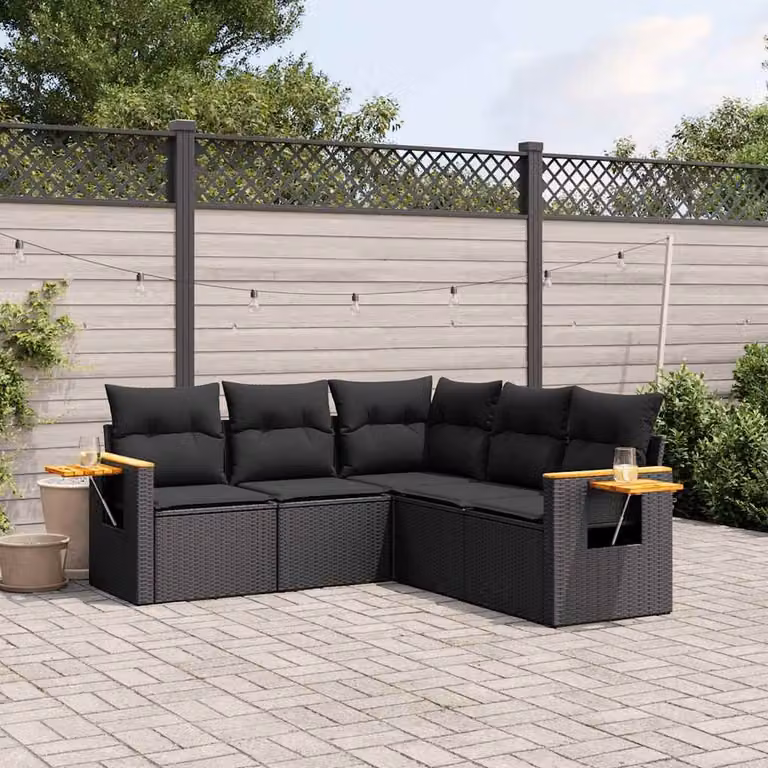 Set di Divani da Giardino vidaXL 5 Pezzi in Polyrattan Nero con Cuscini e Tavolino da Esterno a Forma di L