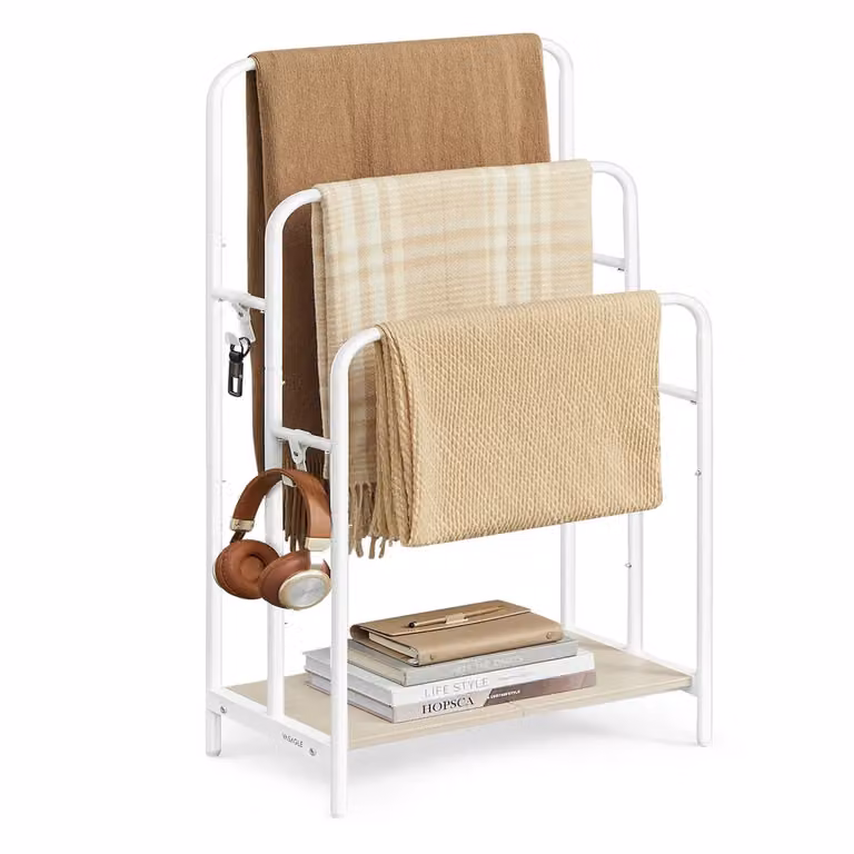 Portasciugamani da Terra con Ganci Ripiano Portaoggetti, Bianco Nuvola + Beige Naturale / 50L cm