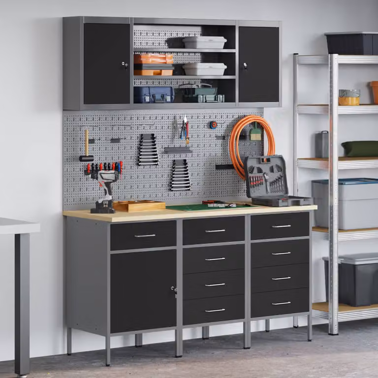 vidaXL Carrello da lavoro mobile con cassetto 7 pezzi in acciaio e legno, Nero e Grigio