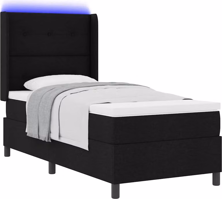 Letto a Sorgente LED con materasso Nero 90 x 190 cm Tessuto