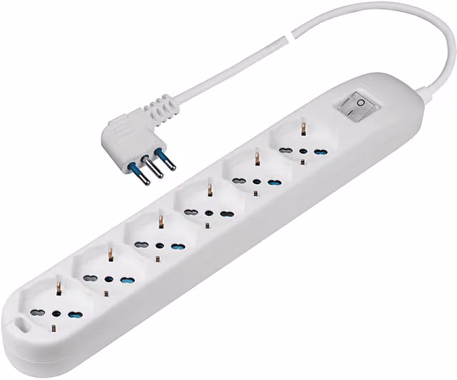 Presa multipla POLYPOOL con 6 prese pluristandard 10/16A 2P+T, cavo 1,5 m e interruttore luminoso, bianco