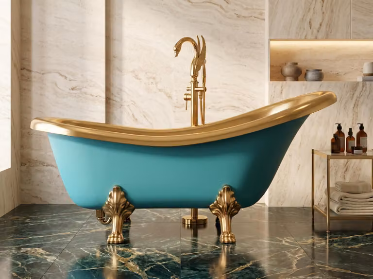 Vasca da bagno retrò freestanding turchese e oro, 180 cm, in composito, con piedini a zampa di leone + sifone kk