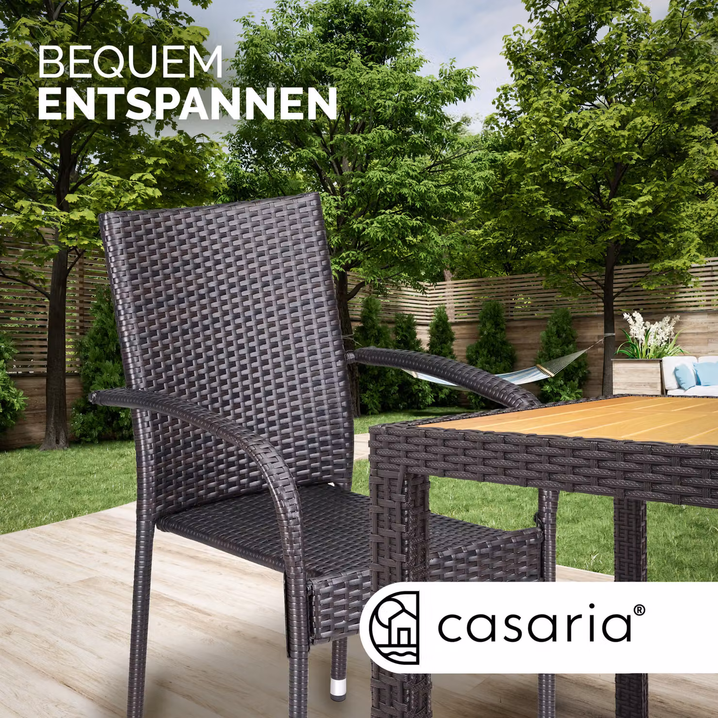 Set di 4 sedie impilabili Comfort CASARIA in polyrattan marrone con braccioli e cuscini rimovibili – 4