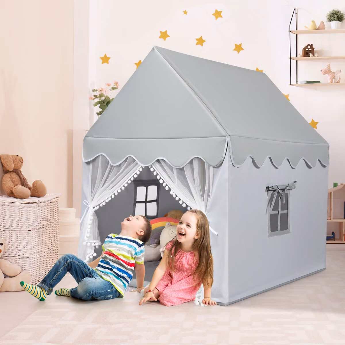 Casetta con tenda Costway in legno e cotone con porta e finestra per bambini, Grigio