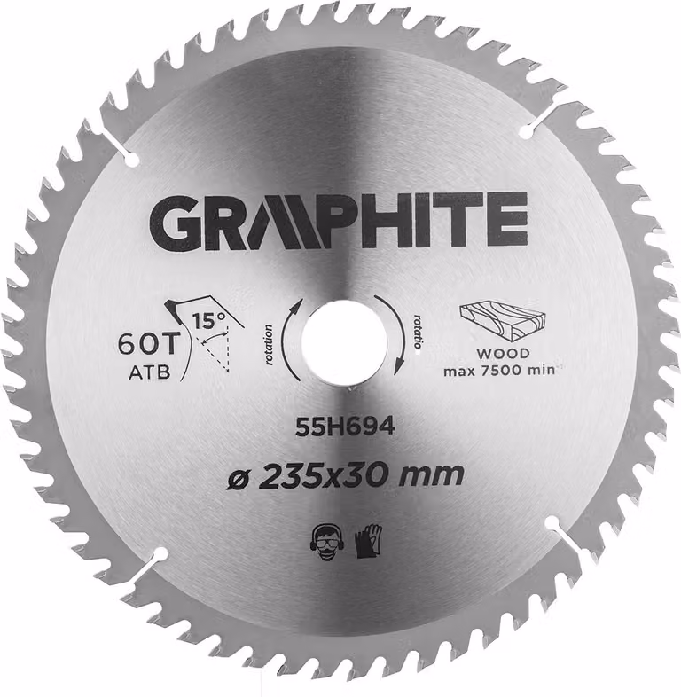 Lama circolare GRAPHITE 235x30 mm, 60 denti.Resistente al Widia, robusta, per il taglio di legno, pannelli truciolari, MDF|anello di riduzione30mm->25.4, 20, 16 mm