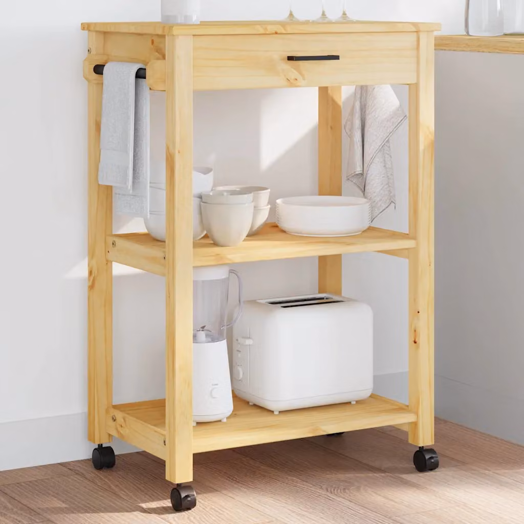 vidaXL Carrello da Cucina MONZA in Legno Massello di Pino, Colore Marrone Ambra, L 60 x P 40 x H 88,5 cm