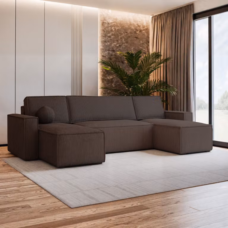 Divano angolare Masseno PESANO P con funzione letto a U, divano con box letto, divano da salotto, divano, divano, divano letto, set di divani - marrone, POSO 06