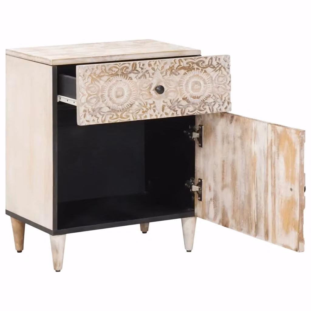 Mobiletto da letto moderno vidaXL in legno di mango bianco e nero L/P/H: 50 x 33 x 60 cm – 2