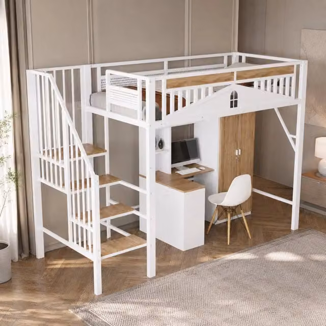Letto a soppalco 90x200 cm in metallo bianco con scala di sicurezza e contenitori
