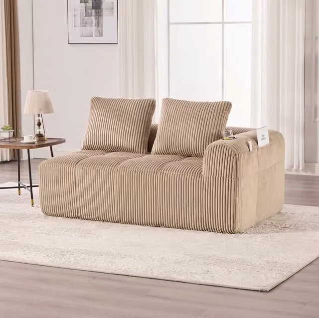 Divano a 2 posti 158x93x61 cm con tasche laterali e portabicchieri in tessuto a coste khaki