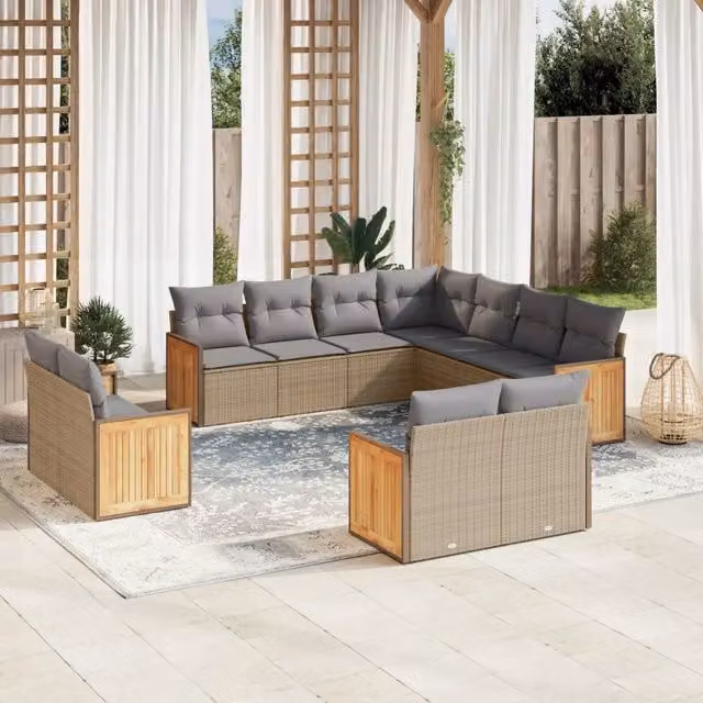 Set di divani da giardino VIDAXL in polyrattan con 11 pezzi e cuscini beige – 1