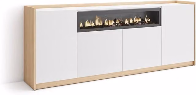 Credenza, Mobile, Cucina, 207x80x37 cm, 4 Porte, Camino elettrico, Bianco e Rovere soft