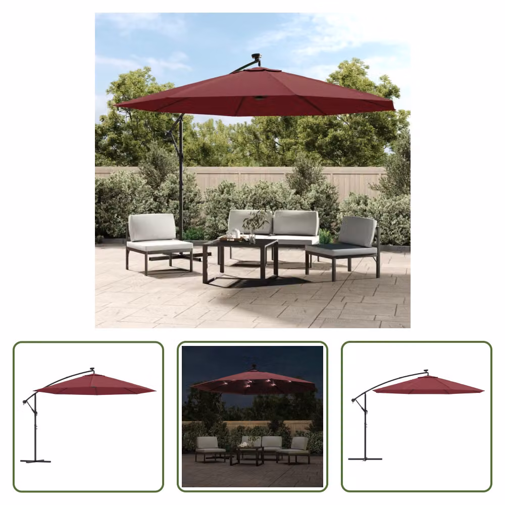 The Living Store Ombrellone a sbalzo rosso Bordeaux con luci LED 350 cm