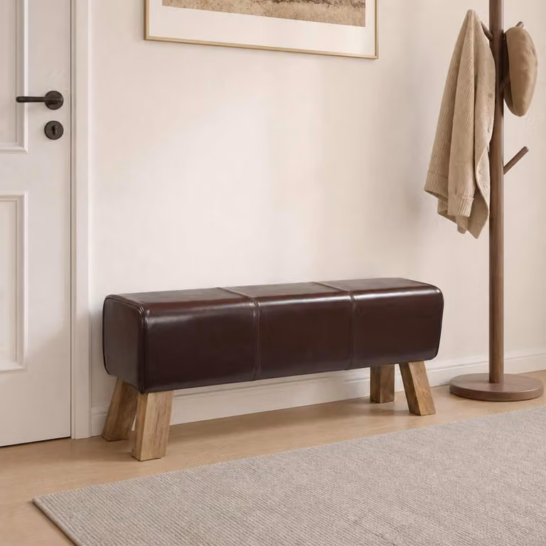 Panchina moderna vidaXL in pelle marrone scuro e legno L: 110 cm, P: 30 cm, H: 45 cm