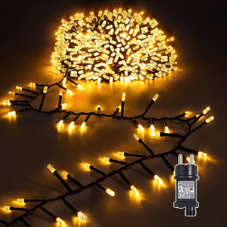 Catena luminosa da 10 metri, 500 LED, luce bianca calda, per interni ed esterni