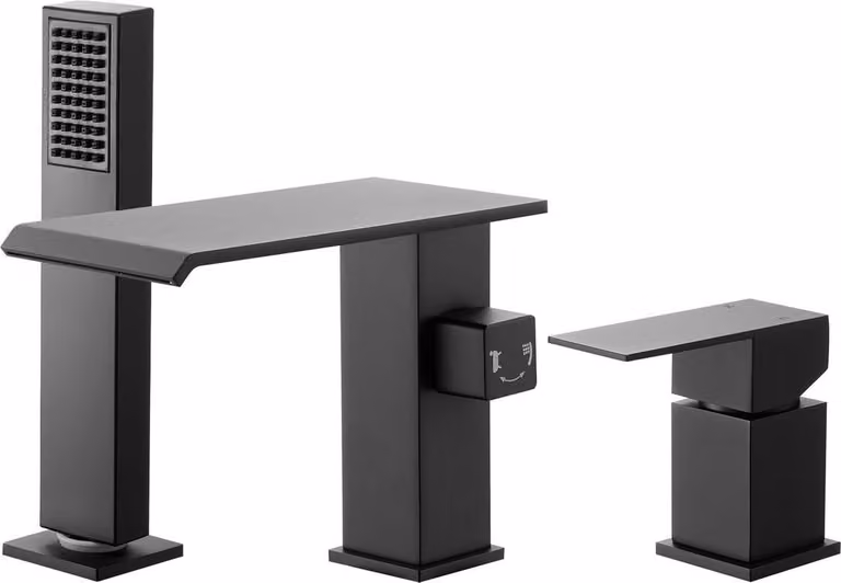 Rubinetto per vasca da bagno romano, rubinetto per vasca da bagno a cascata a 3 fori, set di rubinetti per vasca da bagno romana con soffione doccia e 1 maniglia, set di rubinetti per vasca da bagno con montaggio a ponte per adulti, nero opaco, doppia opz