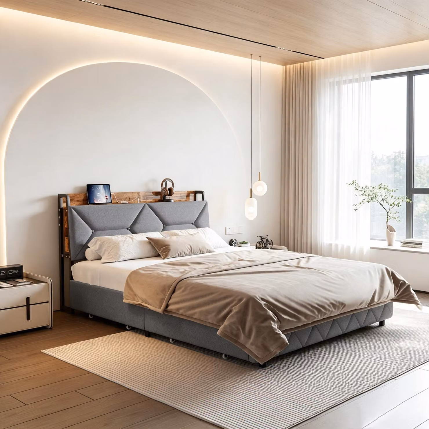Letto matrimoniale in metallo INONEFT, 160x200 cm, con USB e 4 cassetti, letto contenitore per ragazzi con rete a doghe, testiera imbottita reclinabile, colore grigio