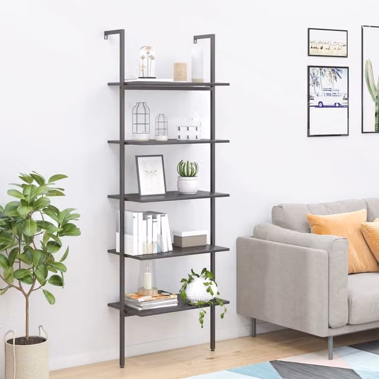 Scaffale a scala vidaXL nero con 5 livelli in metallo e legno L: 64 cm, P: 35 cm, H: 185 cm