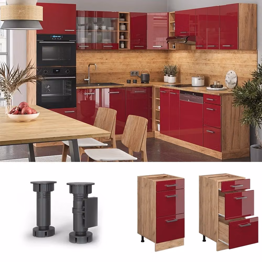 Mobiletto base per cucina Vicco R-Line Rosso lucido e Rovere dorato con cassetti, senza piano di lavoro, L: 40 cm – 2