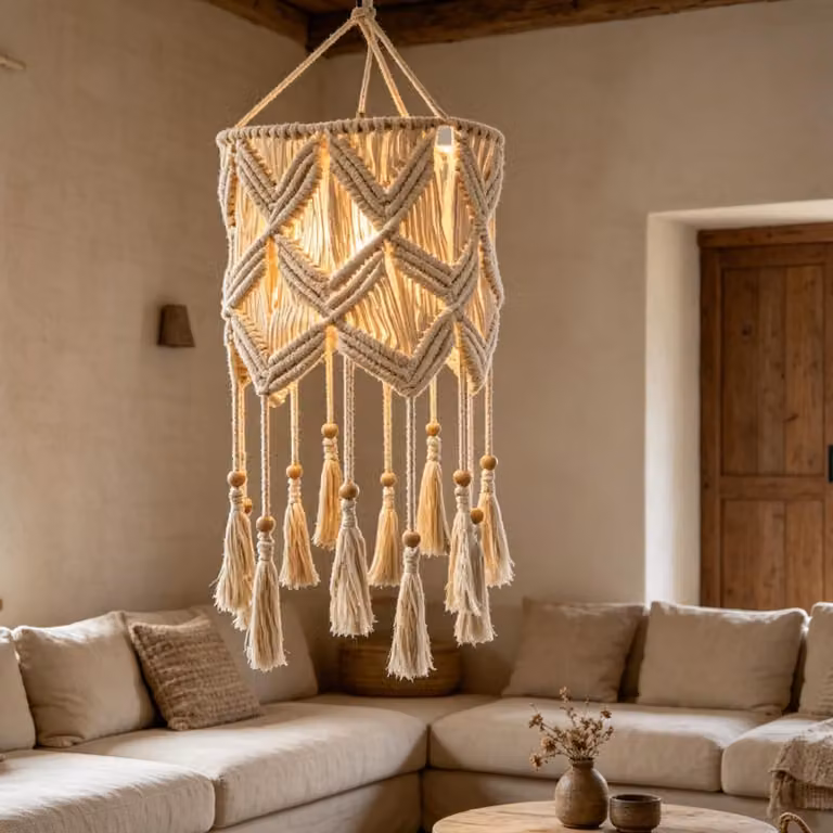 Lampada a sospensione in macramè, 30x85 cm, stile boho, realizzata a mano, compatibile con attacco E27