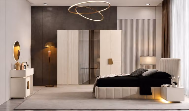 Set per camera da letto: letto imbottito, armadio, cassettiera, comodino, specchio