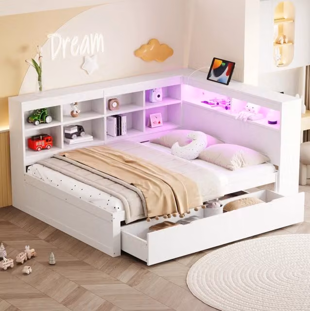 Divano letto matrimoniale in legno 140x200 cm con cassetti; LED e USB; bianco