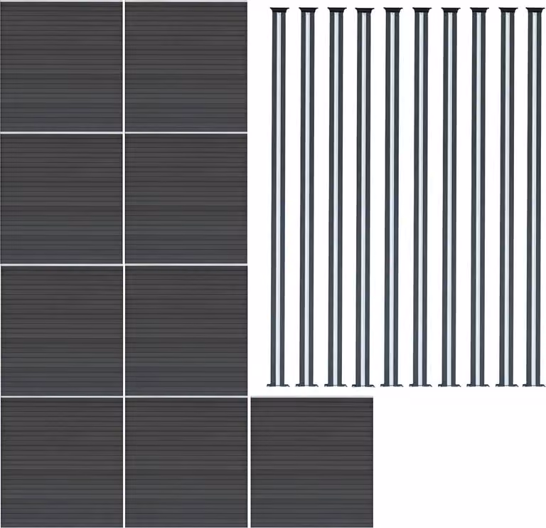 Pannello divisorio in legno composito (WPC) x9 e pali per recinzione con illuminazione a LED x10 - Grigio